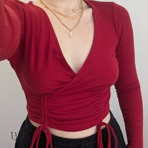 Le Lis Red Long Sleeve Ruched Wrap Top - Size Medium